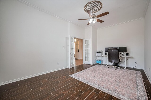 unfurnished office featuring ceiling fan, baseboards, french doors, wood tiled floor, and crown molding