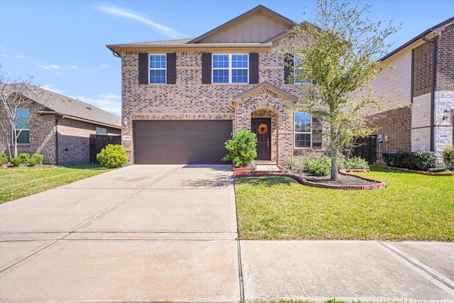 traditional-style home with a garage, brick siding, concrete driveway, board and batten siding, and a front yard