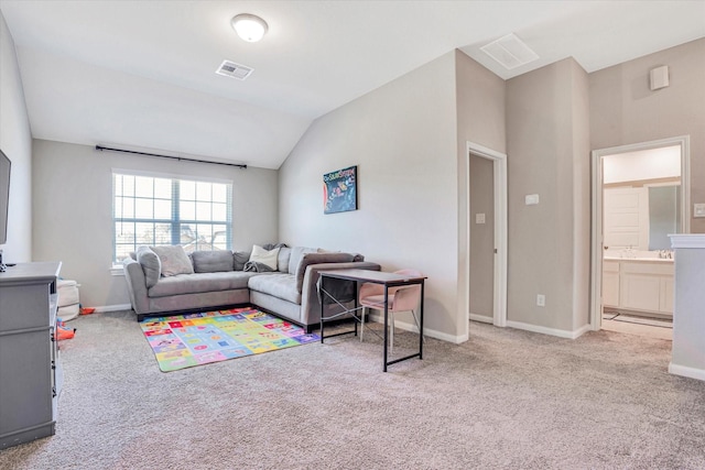 living room with lofted ceiling, carpet, visible vents, and baseboards