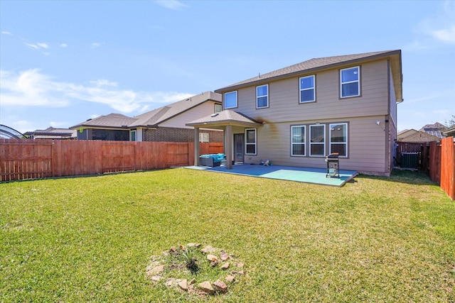 rear view of property featuring central air condition unit, a fenced backyard, a patio, and a yard