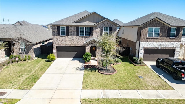 view of front of home featuring brick siding, board and batten siding, a garage, driveway, and a front lawn