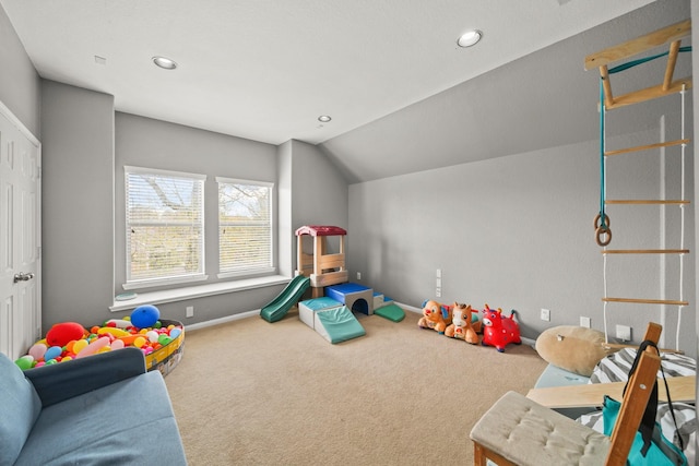 recreation room featuring lofted ceiling, baseboards, carpet flooring, and recessed lighting