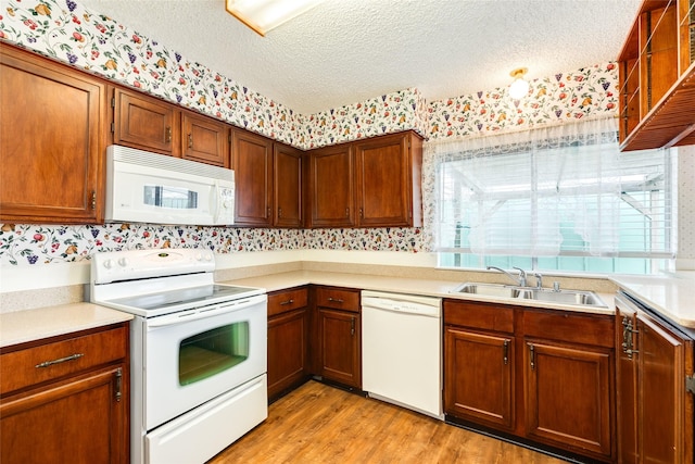 kitchen with white appliances, light wood-style flooring, light countertops, a textured ceiling, and a sink