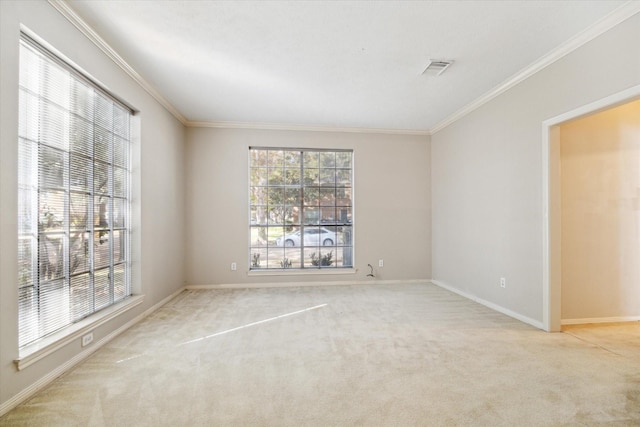 empty room with ornamental molding, carpet flooring, and plenty of natural light