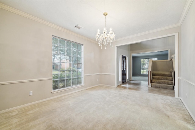 unfurnished room featuring carpet floors, visible vents, stairway, an inviting chandelier, and ornamental molding