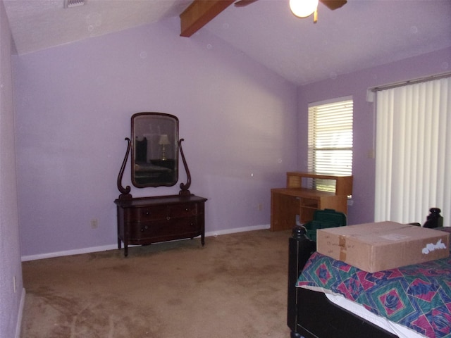 bedroom featuring vaulted ceiling with beams, carpet floors, ceiling fan, and baseboards