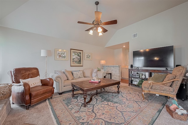 1234 Bergman Ct, Conroe, TX 77384 - living room with light carpet, lofted ceiling, and a ceiling fan