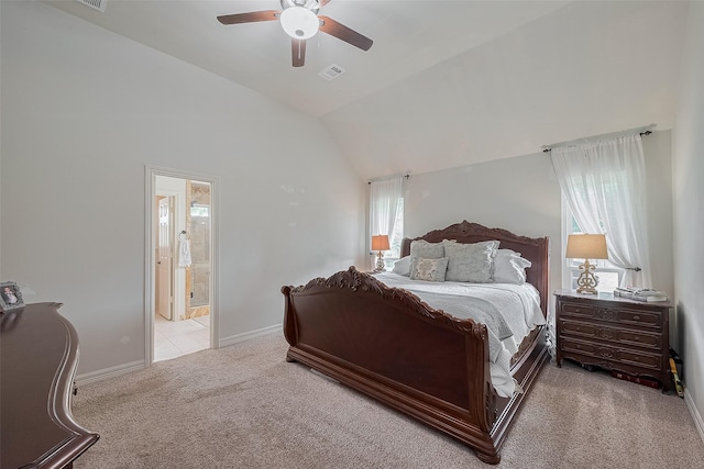 1234 Bergman Ct, Conroe, TX 77384 - carpeted bedroom with vaulted ceiling, ensuite bath, and ceiling fan