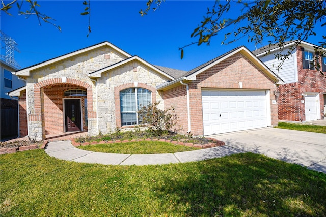 view of front of home featuring a front yard, concrete driveway, brick siding, and an attached garage