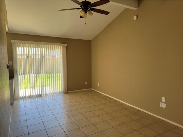 unfurnished room featuring ceiling fan, light tile patterned flooring, baseboards, and vaulted ceiling with beams