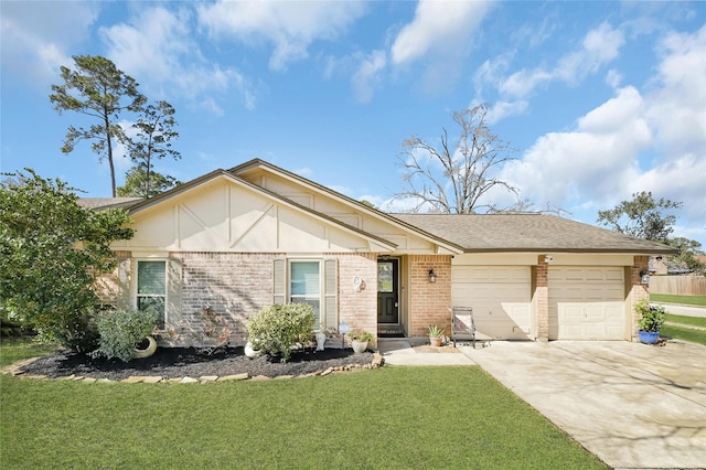 ranch-style house with brick siding, roof with shingles, concrete driveway, an attached garage, and a front yard