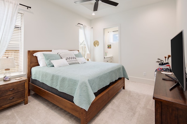 bedroom featuring light carpet, baseboards, a ceiling fan, and recessed lighting