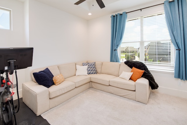 living area with ceiling fan, baseboards, carpet flooring, and recessed lighting