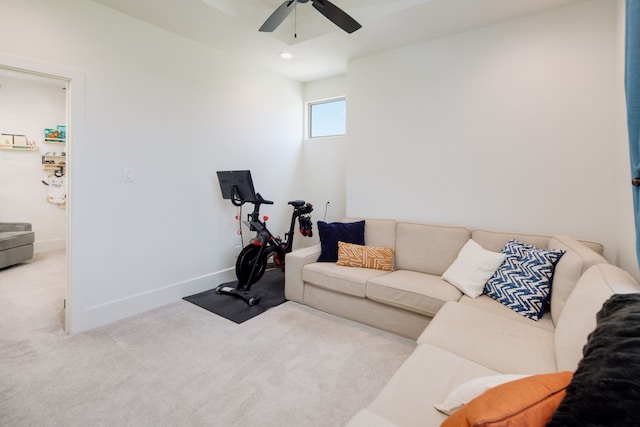 carpeted living room featuring a ceiling fan, recessed lighting, and baseboards