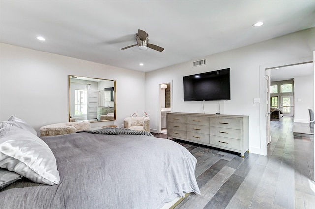 bedroom featuring a ceiling fan, recessed lighting, dark wood-style flooring, and visible vents