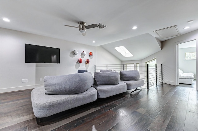 living room with lofted ceiling, recessed lighting, visible vents, dark wood-type flooring, and baseboards