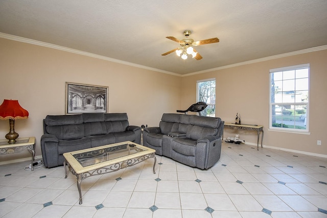 living area featuring a textured ceiling, baseboards, a ceiling fan, and ornamental molding