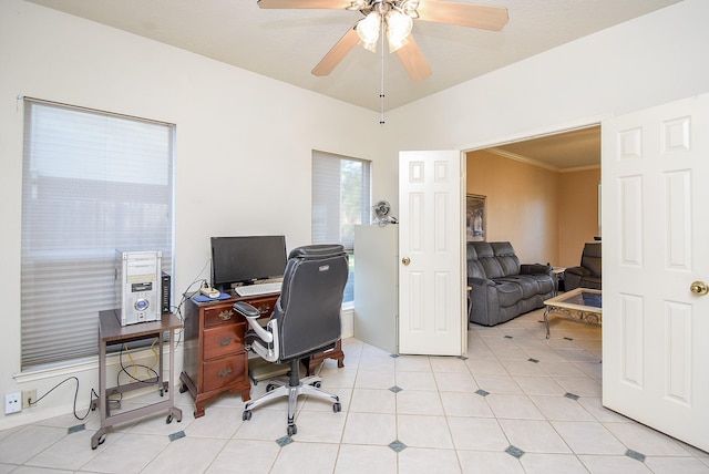 home office with light tile patterned floors, ceiling fan, and ornamental molding