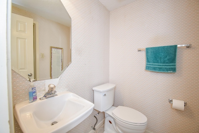 bathroom with a sink, toilet, and wallpapered walls