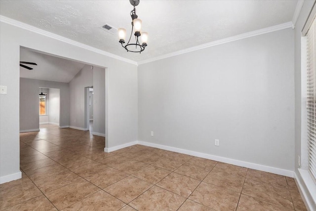 empty room featuring light tile patterned floors, baseboards, a textured ceiling, crown molding, and a chandelier