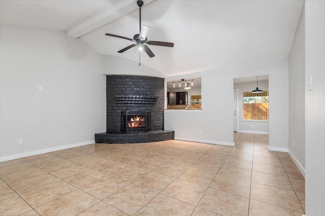 unfurnished living room with vaulted ceiling with beams, ceiling fan, a fireplace, baseboards, and tile patterned floors