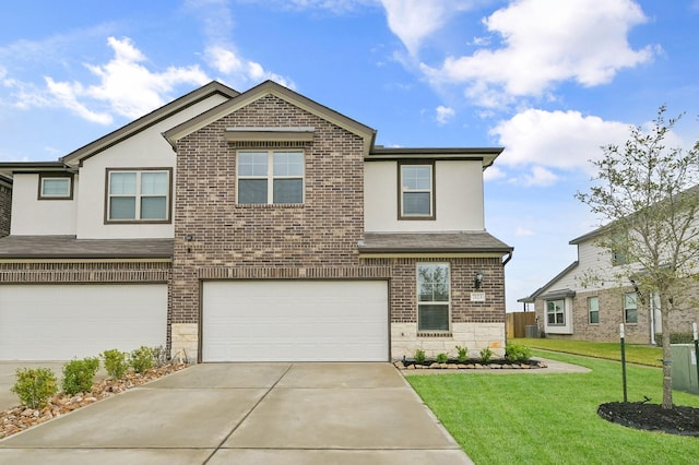 view of front facade featuring brick siding, stucco siding, concrete driveway, an attached garage, and a front yard