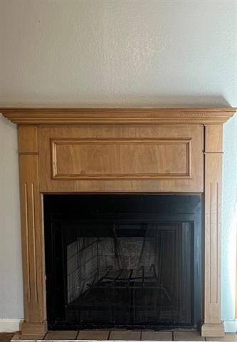 details featuring a fireplace and baseboards