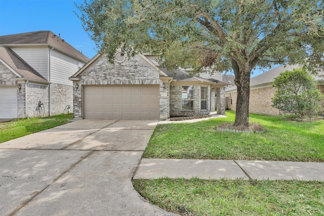 view of front of home with a garage, brick siding, concrete driveway, and a front yard