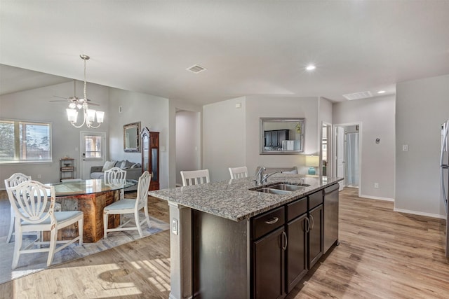 kitchen with a kitchen island with sink, a sink, visible vents, open floor plan, and dishwasher