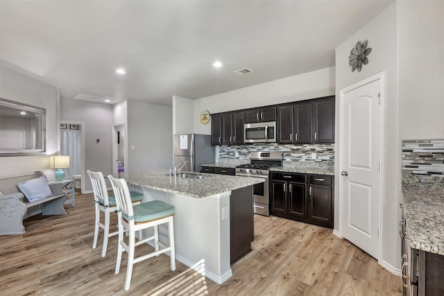 kitchen with stainless steel appliances, visible vents, a center island with sink, and tasteful backsplash