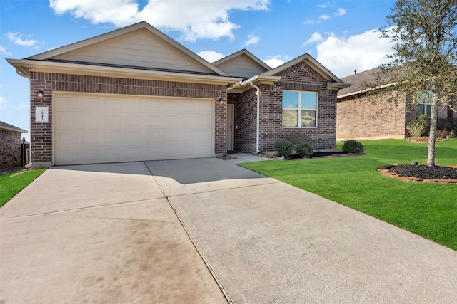 ranch-style home with concrete driveway, brick siding, an attached garage, and a front lawn