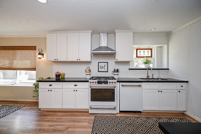 kitchen with gas range, white dishwasher, white cabinetry, wall chimney exhaust hood, and a sink