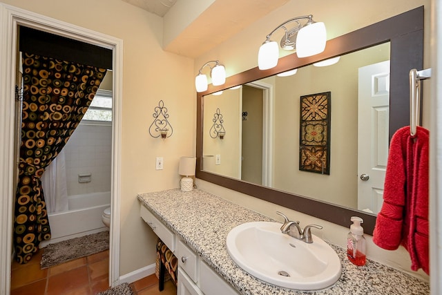 bathroom featuring vanity, tile patterned floors, shower / bath combination with curtain, and toilet