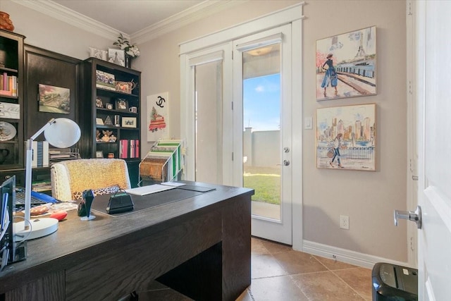 tiled home office with ornamental molding and baseboards