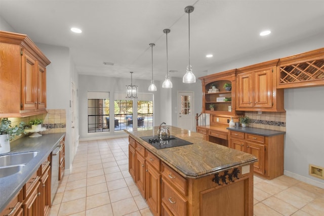 kitchen featuring open shelves, brown cabinetry, a kitchen island, dishwasher, and black electric cooktop