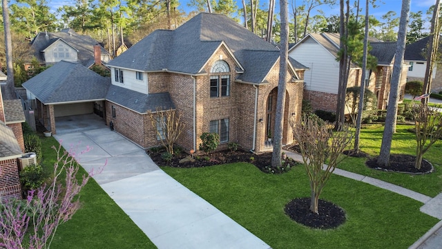 view of front of property featuring an attached garage, a shingled roof, brick siding, driveway, and a front lawn