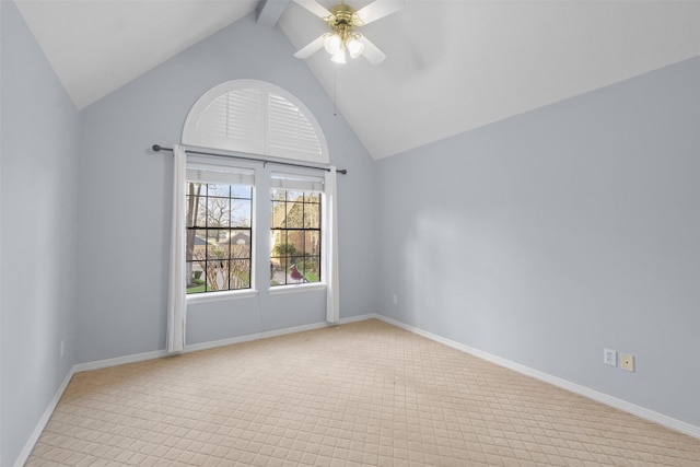 unfurnished room with high vaulted ceiling, beam ceiling, a ceiling fan, and baseboards