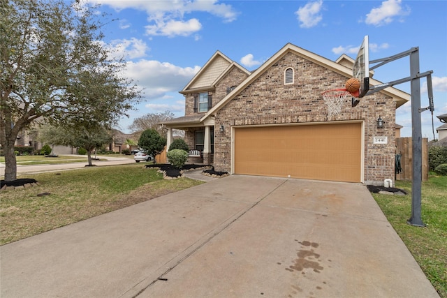 view of front facade featuring driveway, a garage, a front lawn, and brick siding