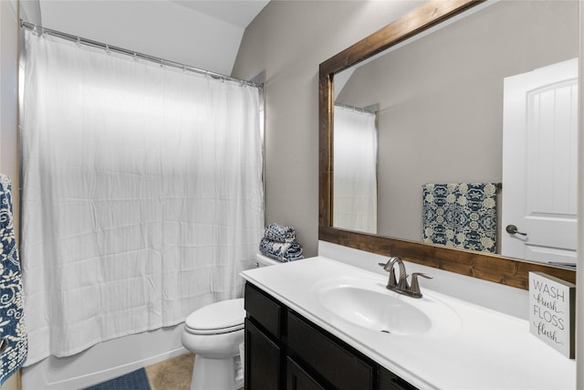 full bath with toilet, shower / bath combination with curtain, and vanity