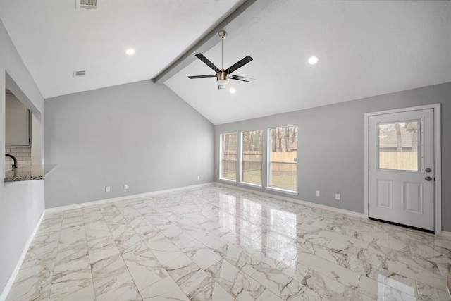 unfurnished living room featuring vaulted ceiling with beams, ceiling fan, visible vents, baseboards, and marble finish floor