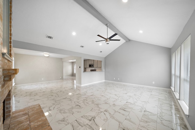 unfurnished living room featuring a ceiling fan, beam ceiling, visible vents, and marble finish floor