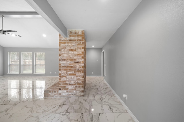 unfurnished living room featuring marble finish floor, recessed lighting, beam ceiling, and baseboards