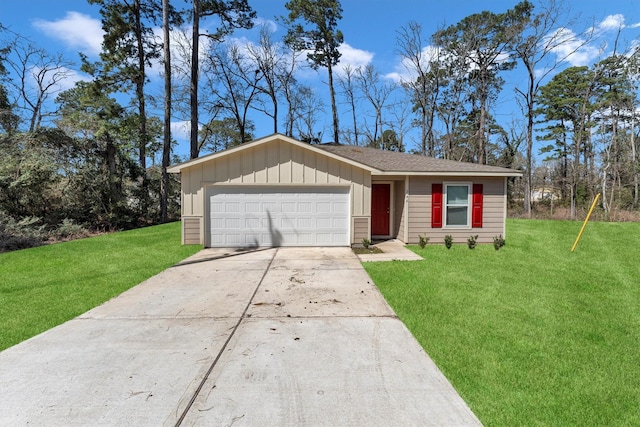 view of front facade featuring an attached garage, driveway, board and batten siding, and a front yard