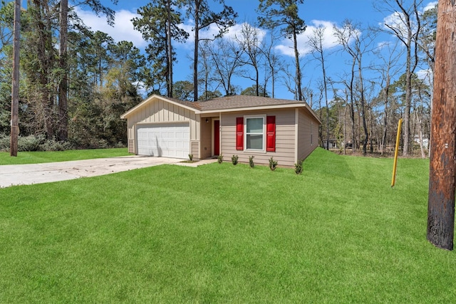 view of front of home with a garage, a shingled roof, concrete driveway, a front lawn, and board and batten siding