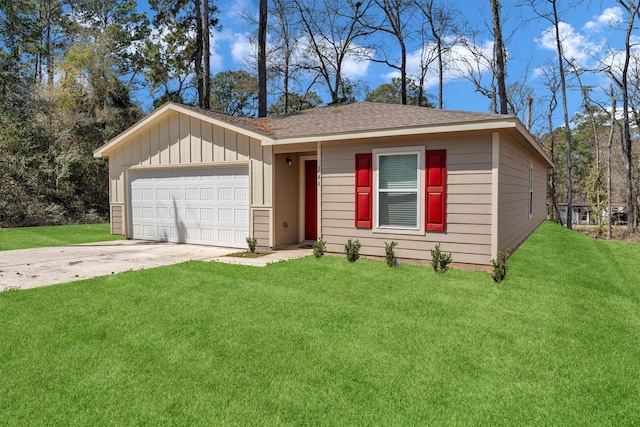 ranch-style house with an attached garage, a shingled roof, concrete driveway, a front lawn, and board and batten siding