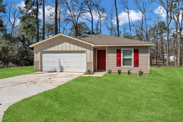 view of front of property with an attached garage, concrete driveway, board and batten siding, and a front yard