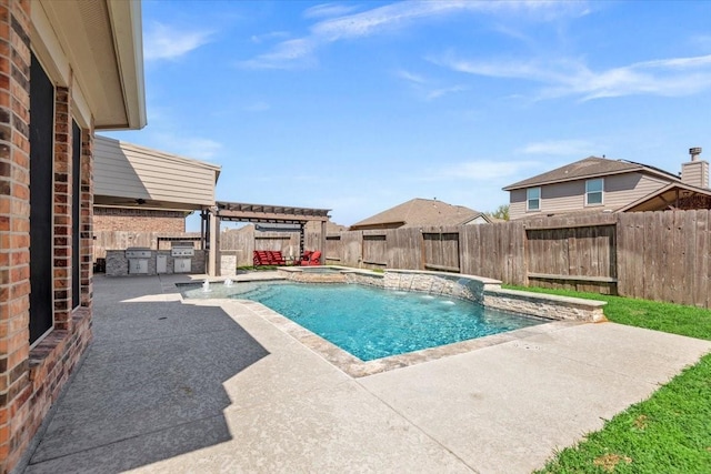 view of pool featuring a fenced backyard, grilling area, exterior kitchen, a fenced in pool, and a patio area