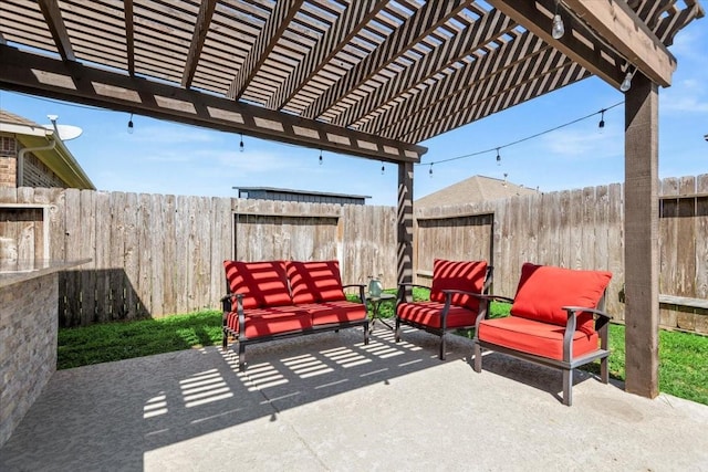 view of patio / terrace with a fenced backyard, an outdoor hangout area, and a pergola