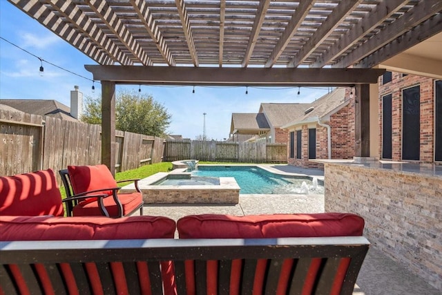 view of swimming pool featuring a fenced in pool, a fenced backyard, a pergola, and a patio area
