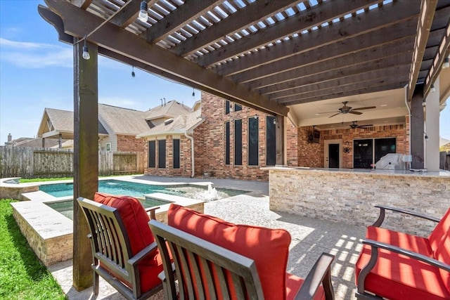 view of patio / terrace with a ceiling fan, an outdoor pool, a pergola, and fence